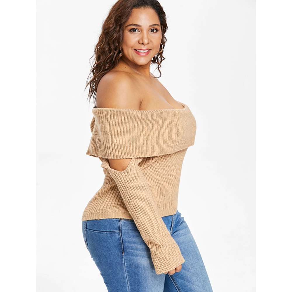 Plus Size Cutout Off Shoulder Sweater - Cornsilk - Picture 5 of 8